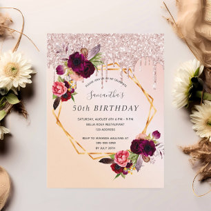 Carte Postale fête d'anniversaire rose or parties scintillant fl