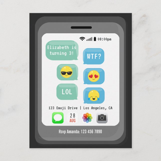 Carte Postale Fête d'anniversaire sur le thème Emoji (Devant)