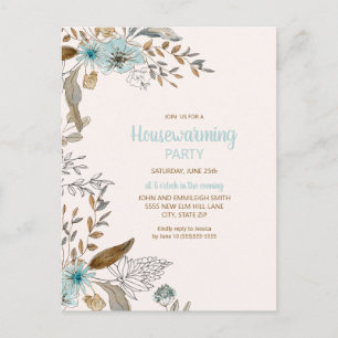 Carte Postale Fête de Chauffage Maison Bleu Brun Floral Feuilles