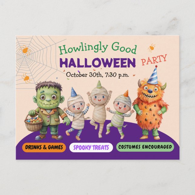 Carte Postale Fête de costumes d'Halloween Monstres danse amusan (Devant)