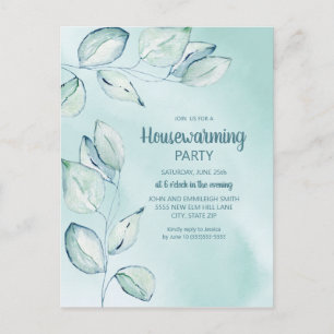 Carte Postale Fête de crémaillère Feuilles aquarelle bleues et v