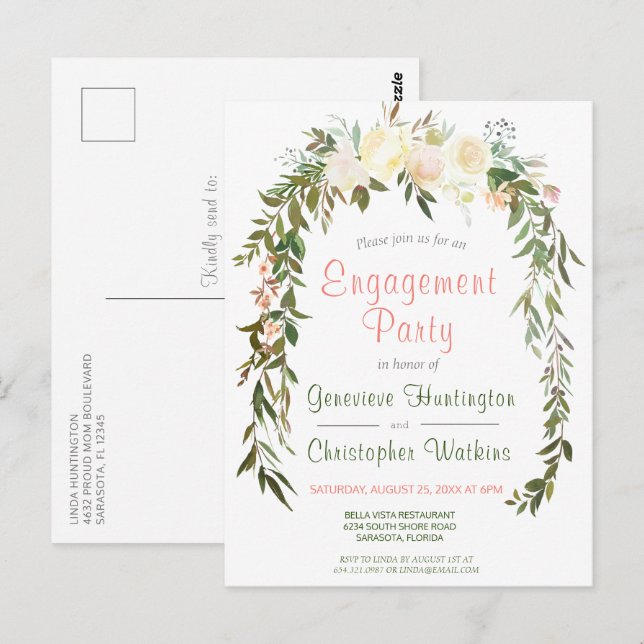 Carte Postale Fête de fiançailles avec arche florale aquarelle (Devant / Derrière)