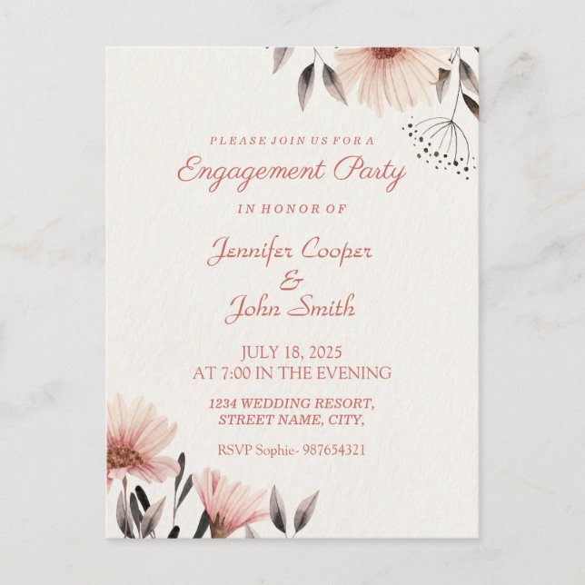Carte Postale Fête de Fiançailles Fleurie Rose Aquarelle (Devant)