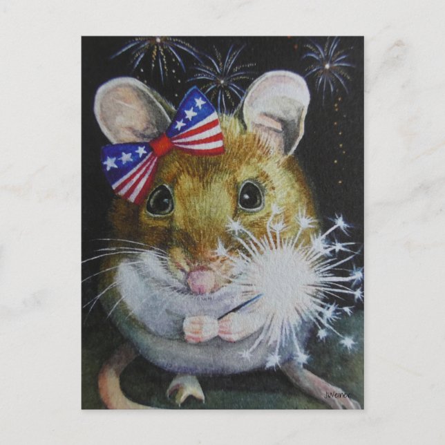 Carte Postale Fête de l'Indépendance Souris no 1 Aquarelle Art (Devant)