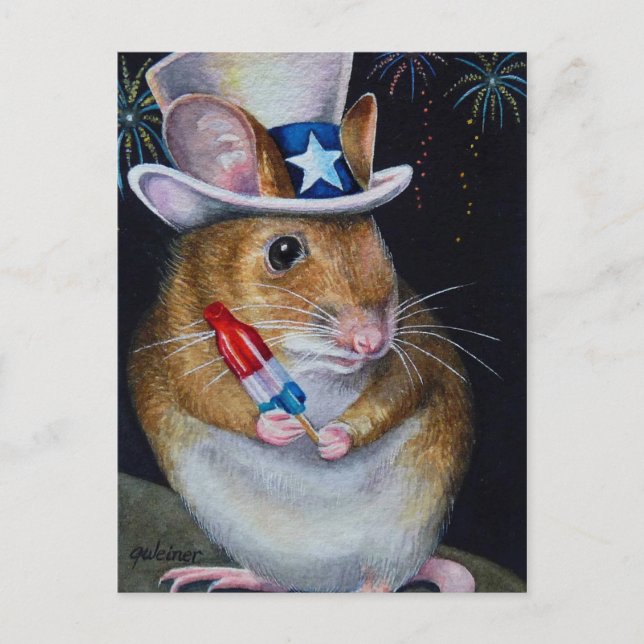 Carte Postale Fête de l'Indépendance Souris no 2 Aquarelle Art (Devant)