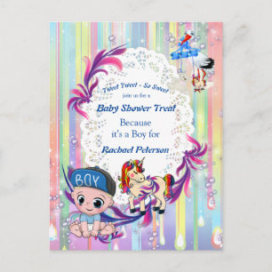 Carte Postale Fête de naissance de bébé garçon bulles et licorne