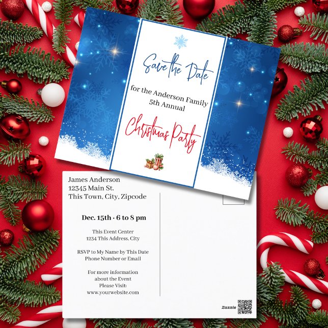 Carte Postale Fête de Noël de famille Sauvez la date Snowflakes (Family Christmas Party Save the Date Snowflakes Postcard)