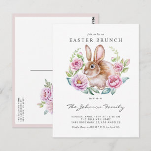 Carte Postale Fête de Pâques Lapin à l'aquarelle et Fleurs Roses