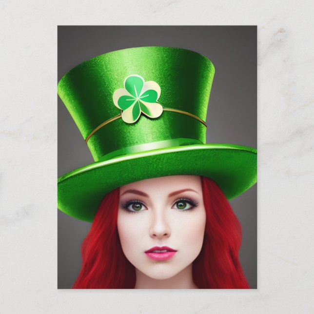 Carte Postale Fête de Saint-Patricks Femme Cheveux rouges Tophat (Devant)
