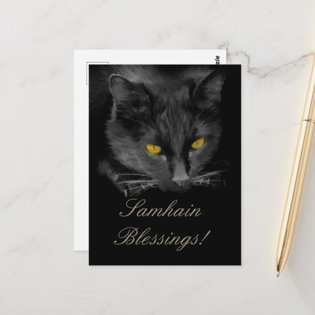 Carte Postale Fête de Samhain chat noir (Devant/Arrière en situation)