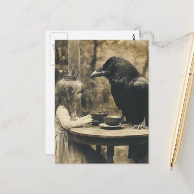 Carte Postale Fête de thé Imaginaire et corbeau à Sepia (Devant/Arrière en situation)