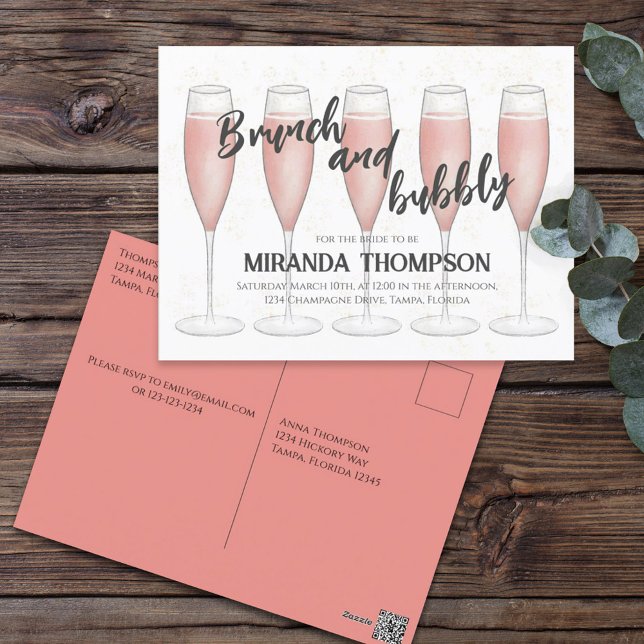 Carte Postale Fête des mariées Champagne Rose Invité Pré Adressé (Créateur téléchargé)