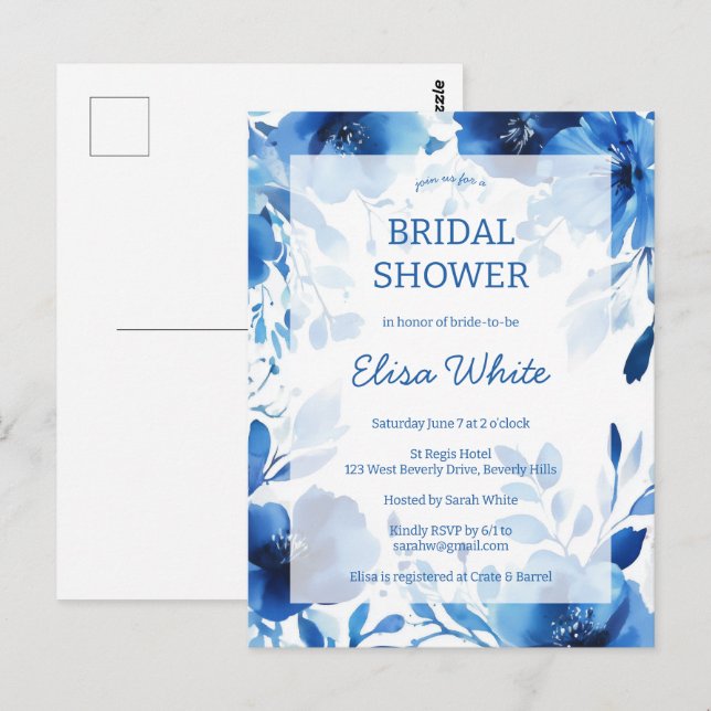 Carte Postale Fête des mariées d'aquarelle Blue Blooms PERSONNAL (Devant / Derrière)