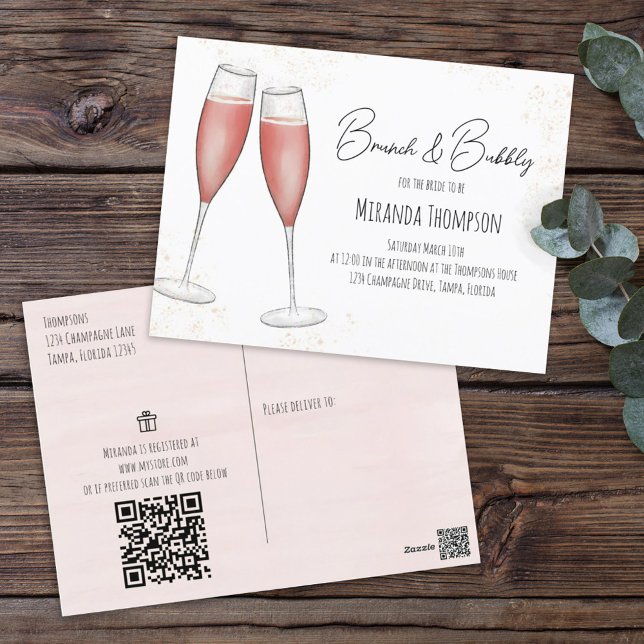 Carte Postale Fête des mariées de brunch rose QR Code Cadeau Reg (Créateur téléchargé)