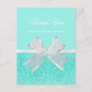 Carte Postale Fête des mariées Merci Chic Aqua Damask White Bow
