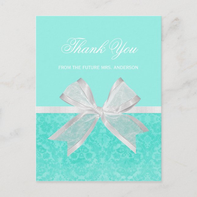 Carte Postale Fête des mariées Merci Chic Aqua Damask White Bow (Devant)