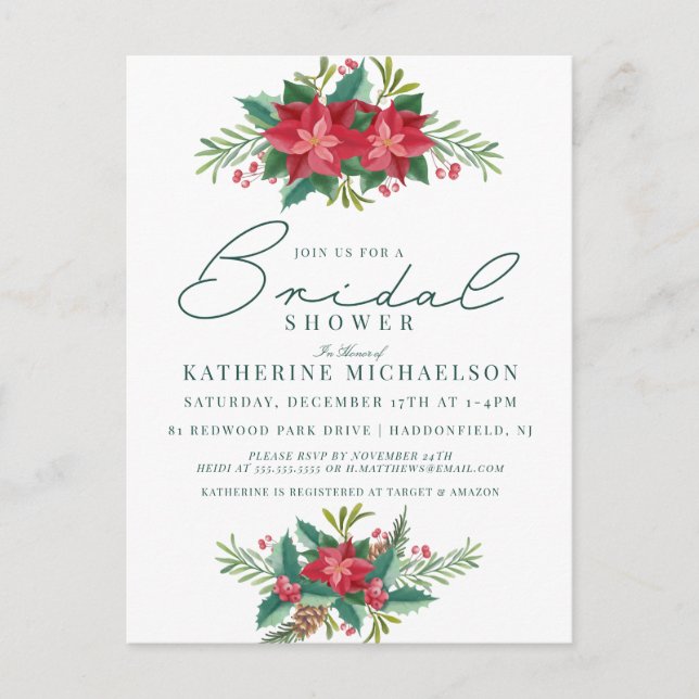 Carte Postale FÊTE DES MARIÉES | Noël Pastel Poinsettia Floral (Devant)