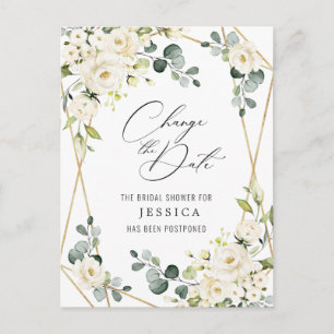 Carte Postale Fête des mariées Reportée Date Élégante Roses Blan