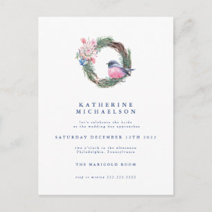 Carte Postale FÊTE DES MARIÉES Watercolor Winter Sparrow Wreat