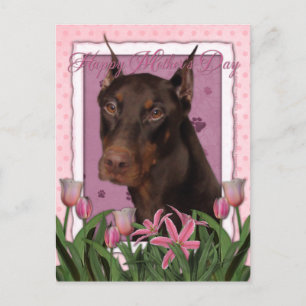 Carte Postale Fête des mères - Tulipes roses - Doberman - Rouge 