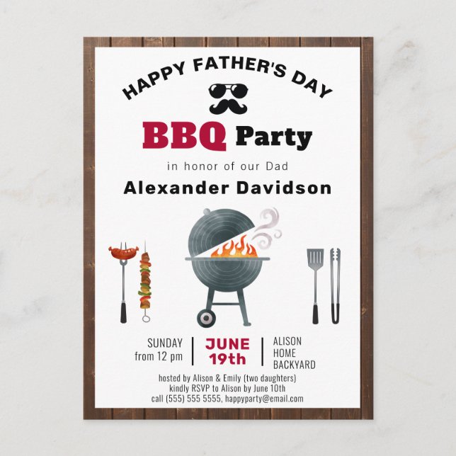 Carte Postale Fête des pères en bois rustique Photo BBQ Invitati (Devant)