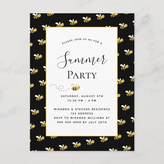 Carte Postale Fête d'été heureux bumble abeilles jardin bbq invi (Devant)