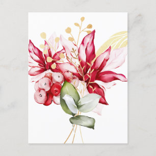Carte Postale Fête d'hiver poinsettia aquarelle fleurs