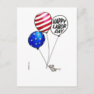Carte Postale Fête du Travail - Souris volante avec ballons.