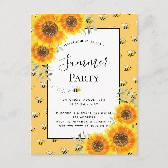 Carte Postale Fête estivale bumble abeilles tournesols jardin ba (Devant)