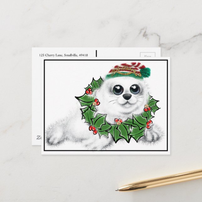 Carte Postale Fête Seal pup | Couronne de Noël (Devant/Arrière en situation)