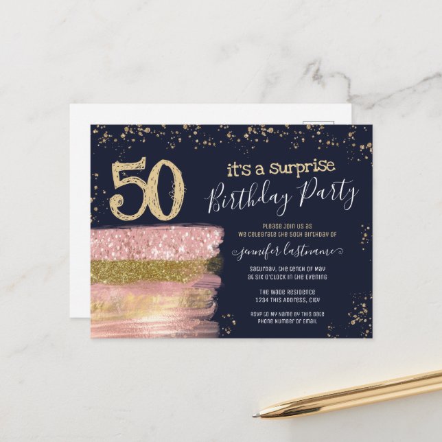 Carte Postale Fête surprise pour 50e anniversaire Gâteau paillet (Devant/Arrière en situation)