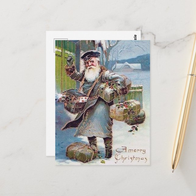 Carte Postale fête vintage Noël mailman (Devant/Arrière en situation)
