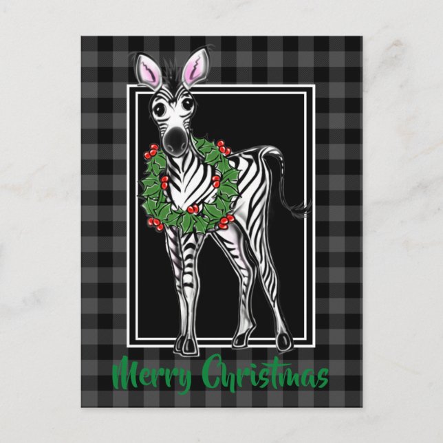 Carte Postale Fête Zebra Holly couronne, plaid gris (Devant)