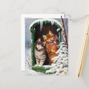 Carte Postale fêter vintage Noël chats vacances