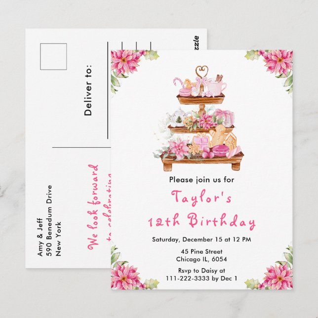 Carte Postale Fêtes Thé de Noël Anniversaire Fête Rose (Devant / Derrière)