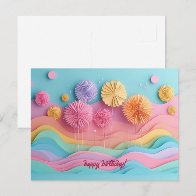 Carte Postale Feu d'artifice coloré en papier découpé pour anniv (Devant / Derrière)