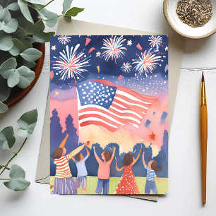 Carte Postale Feu d'artifice du 4 juillet Watercolor USA Holid