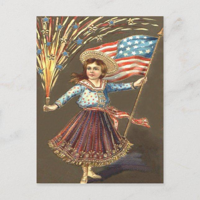 Carte Postale Feu d'artifice fillette US Drapeau étoile (Devant)