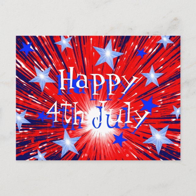 Carte Postale Feu d'artifice Rouge Bleu Bleu 'Joyeux 4 Juillet'  (Devant)