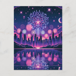 Carte Postale Feu d'artifice sur la ligne aérienne de la ville  