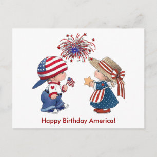 Carte Postale Feu d'artifice vintage pour enfants Joyeux anniver