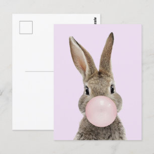 Carte Postale Feu de lapin rose bulle gomme
