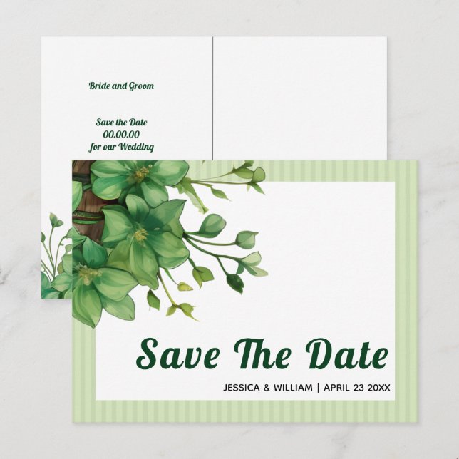 Carte Postale Feuillage et rayures Save the Date mariage de prin (Devant / Derrière)