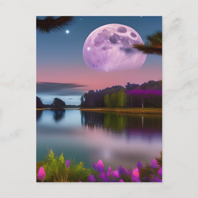 Carte Postale Feuillage pourpre Lune et lac paisible (Devant)