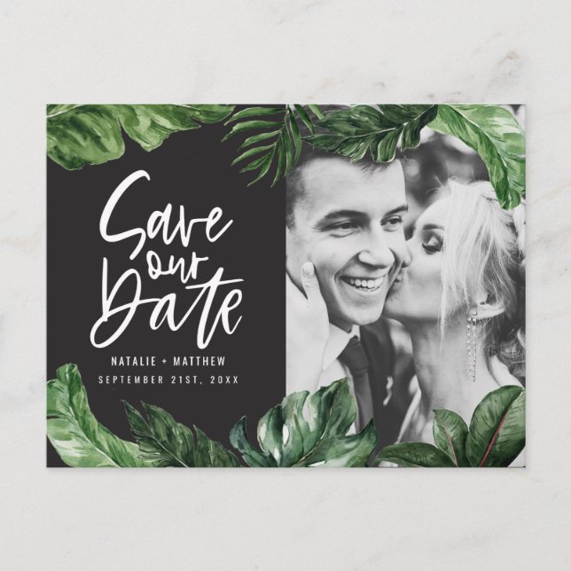 Carte Postale Feuillage tropical et lettrage manuel mariage phot (Devant)
