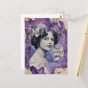 Carte Postale Feuille de musique de collage de femme vintage vio