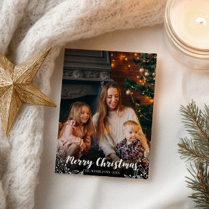 Carte Postale Feuille d'hiver blanc Script photo Joyeux Noël
