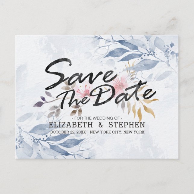 Carte Postale Feuilles d'aquarelle bleue Chic Mariage Enregistre (Devant)