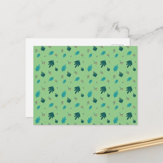 Carte Postale Feuilles d'arbre toujours vert & Baies de houx rou (Devant/Arrière en situation)