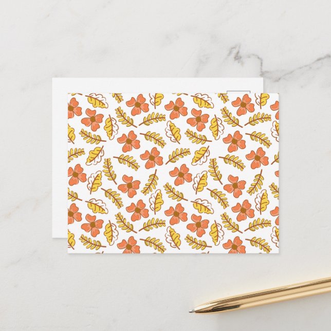 Carte Postale Feuilles d'automne chaudes tombant avec des fleurs (Devant/Arrière en situation)